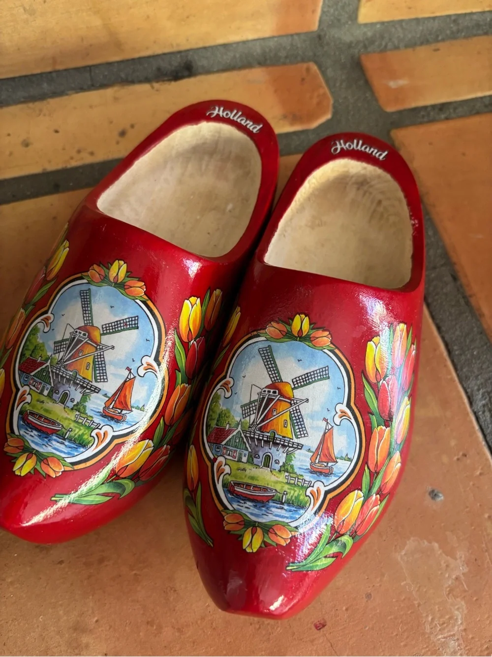 Red Kids Wooden Clogs with Tulip and Windmill Design from Holland